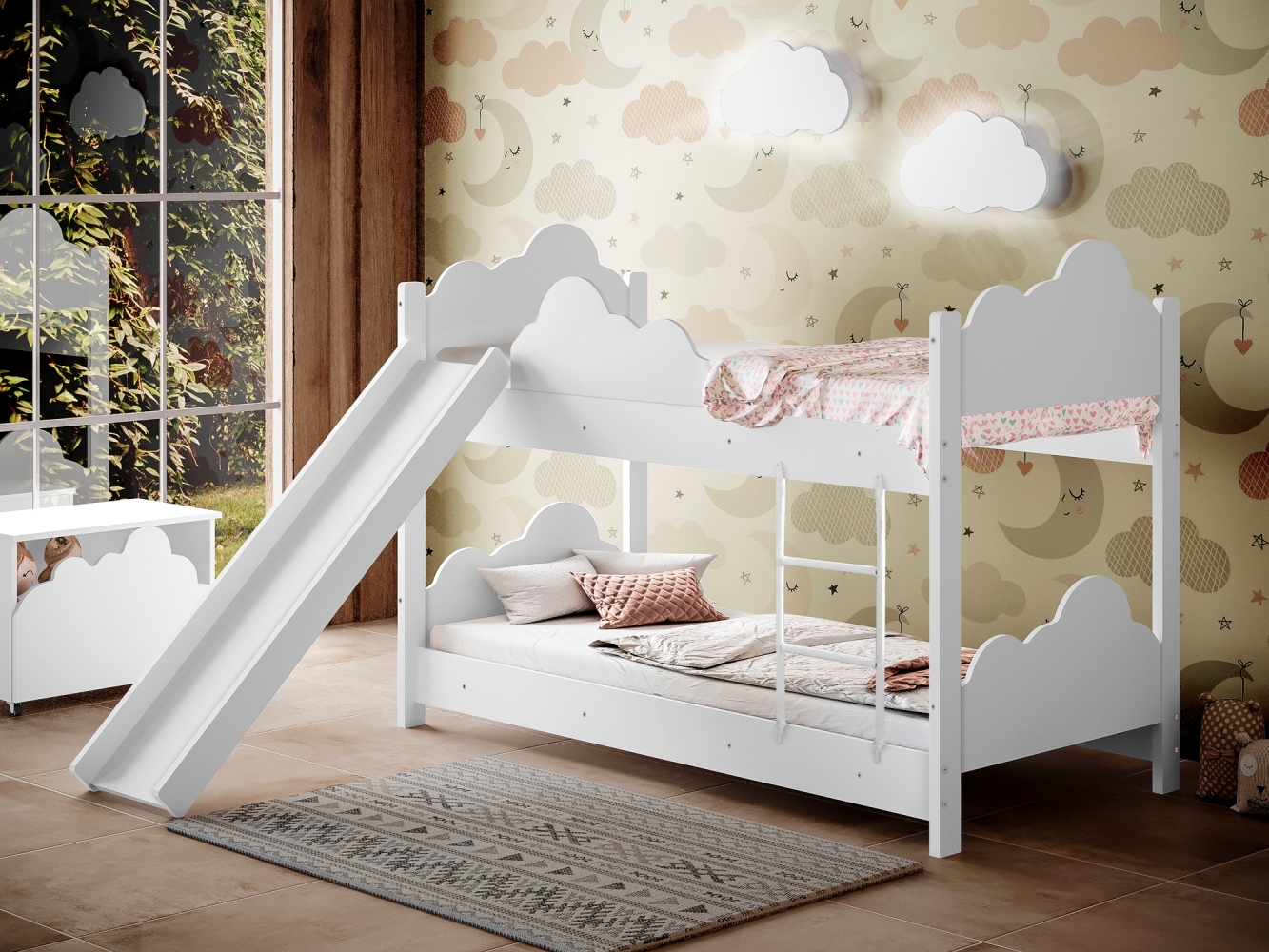 Beliche Ayla Branco com Escorregador Colchões e 2 Luminárias Sonhos de Luz