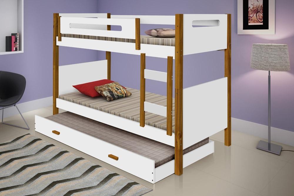 Beliche Heloisa Branco/Mel com Escada e Grade de Proteção com Cama Auxíliar com 3 colchões