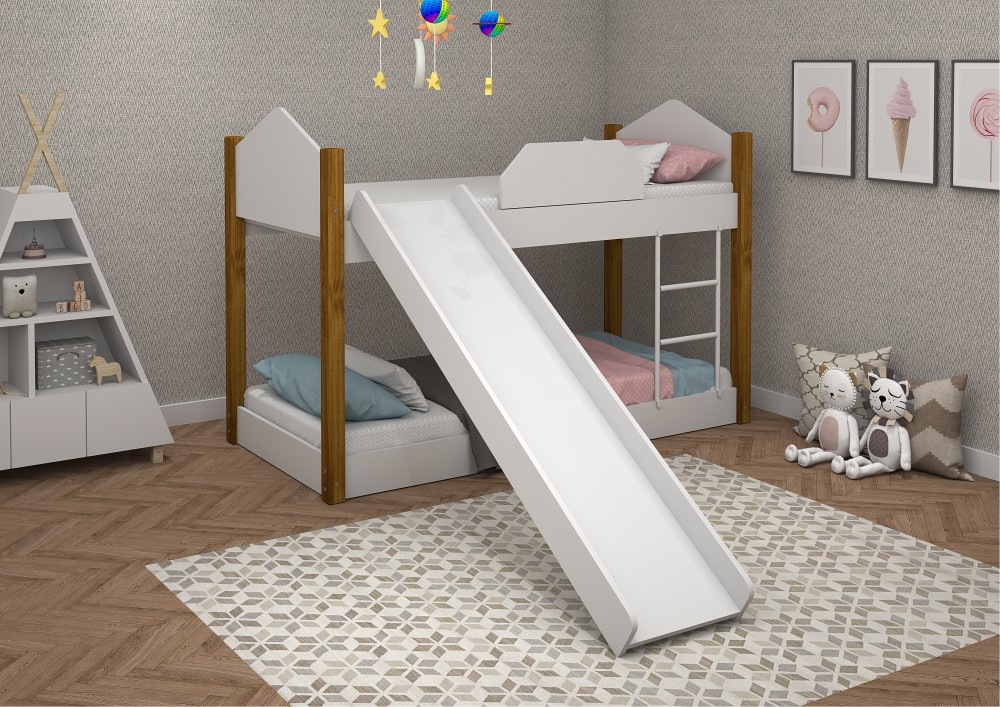 Beliche Infantil Soft Branco e Mel com Colchões e Escorregador