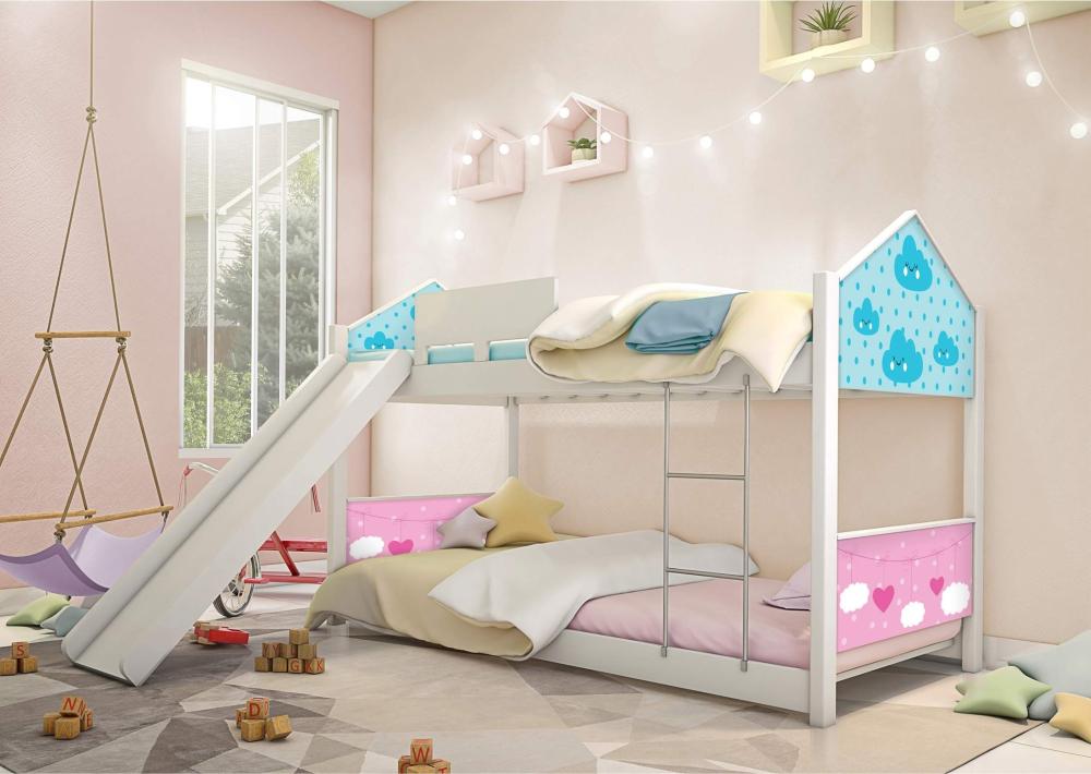 Beliche Solteiro com Escorregador Exclusiva Casinha - Azul e Rosa