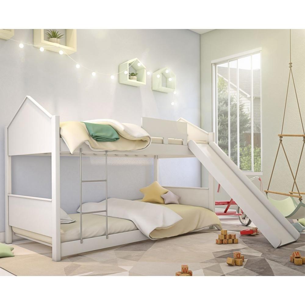 Beliche Solteiro com Escorregador Exclusiva Casinha - Branco