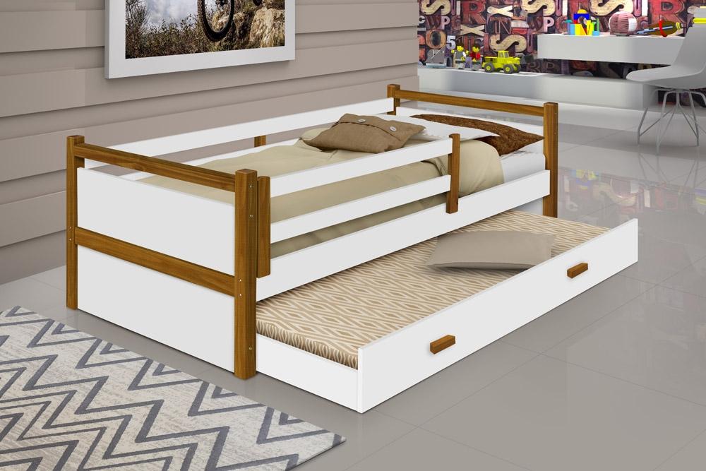 Cama Bianca Branco/Mel com Pés em Madeira com Cama Auxiliar com 2 colchões