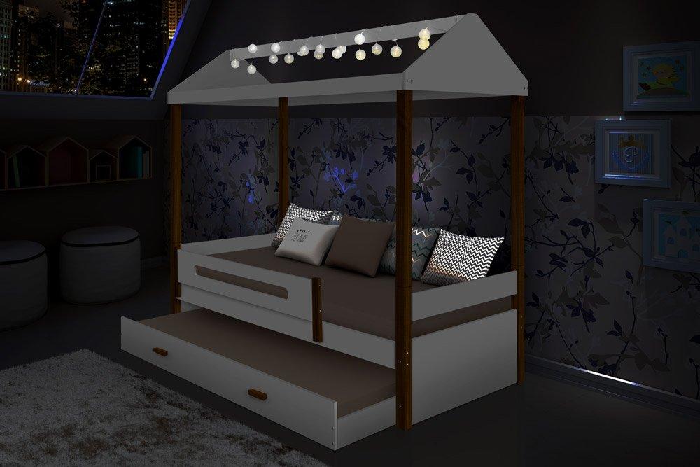 Cama Casa Sara Branca com Cordão de Luzes LED e Cama Auxiliar