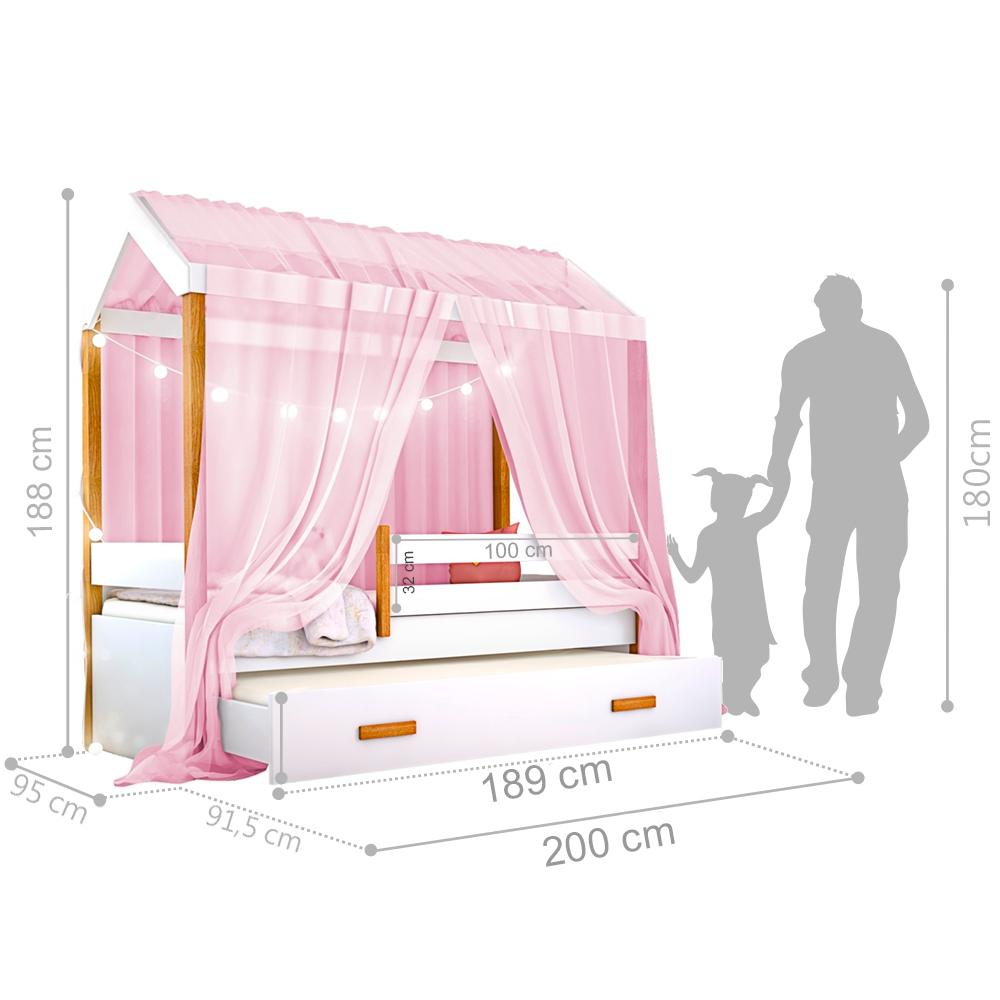 Cama Casinha Montessoriana Solteiro com Auxiliar e Voal Rosa