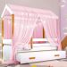Cama Casinha Montessoriana Solteiro com Auxiliar e Voal Rosa