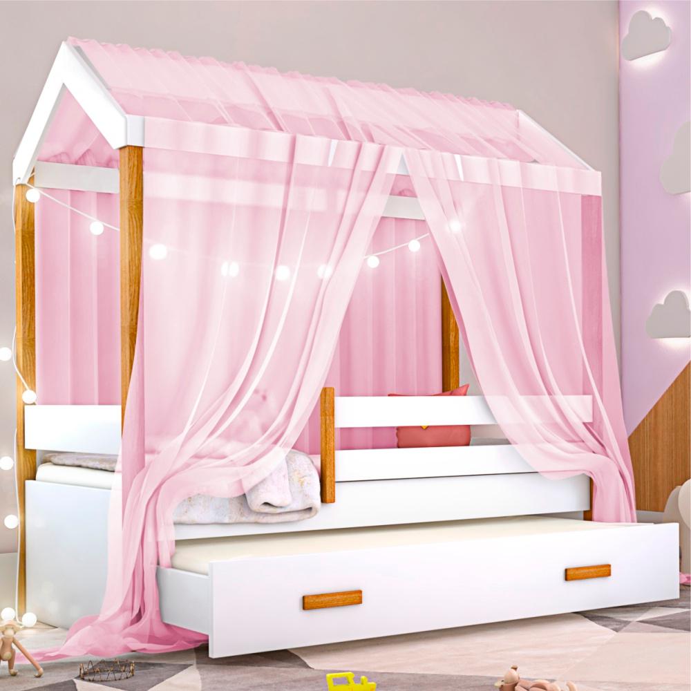 Cama Casinha Montessoriana Solteiro com Auxiliar e Voal Rosa