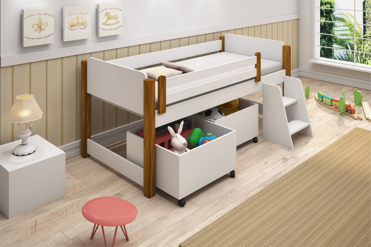 Cama Elevada Solteiro Lari com Nichos e Colchão