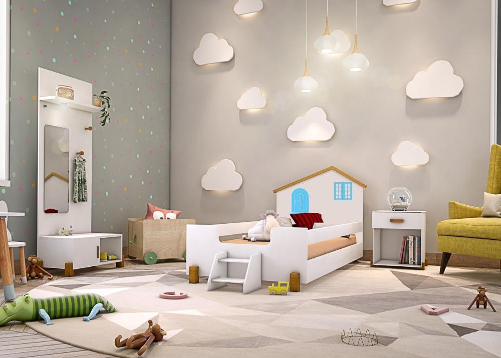 Cama Infantil Belíssima Branca e Azul com 2 Luminárias e Colchão Divaloto