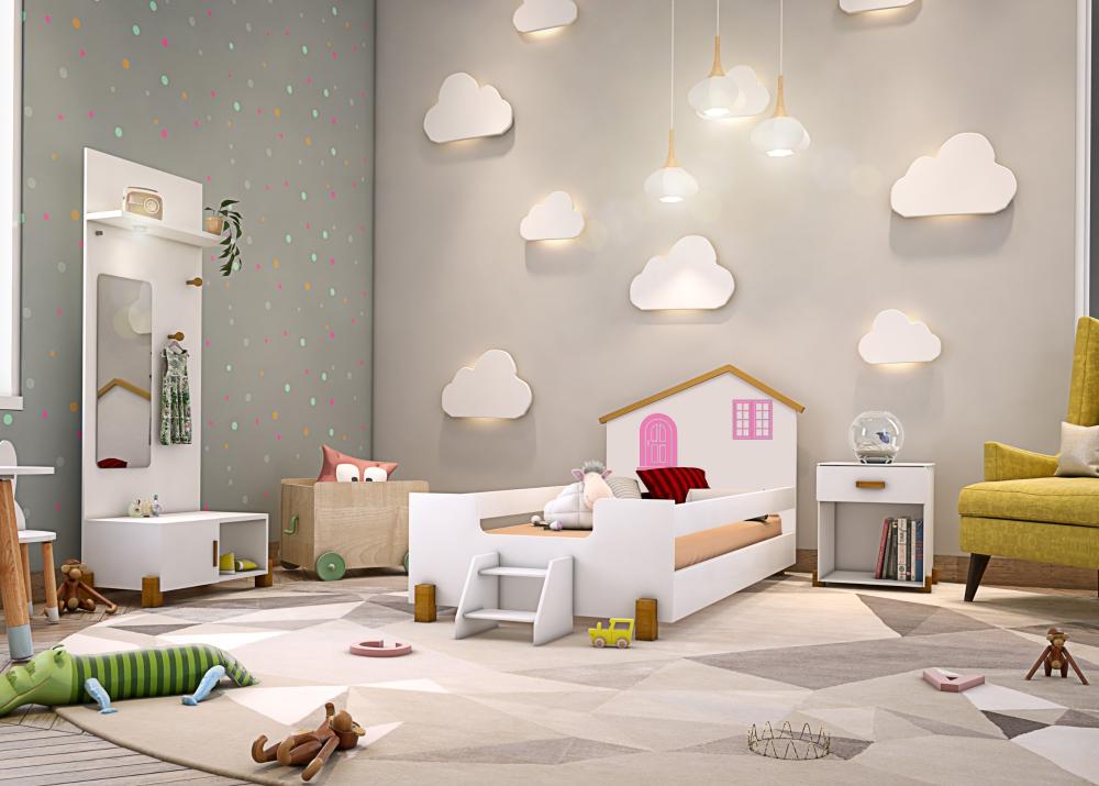 Cama Infantil Belíssima Branca e Rosa com 2 Luminárias e Colchão Divaloto