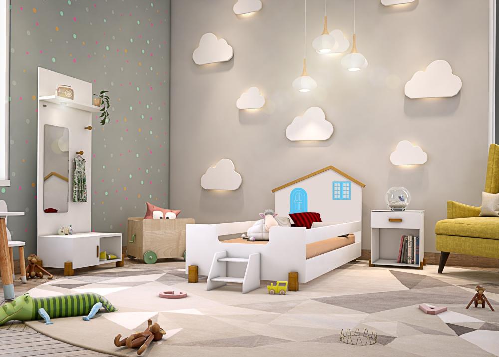 Cama Infantil Casinha Belíssima Branca e Azul com Colchão Divaloto