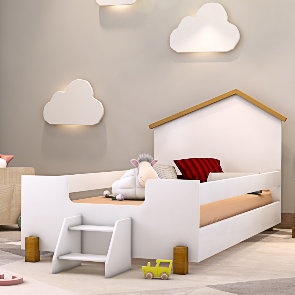 Cama Infantil Marques Branco/Natural com Colchão