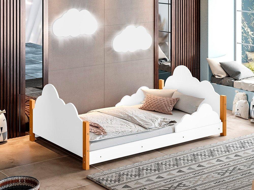 Cama Infantil Nuvem Com Grade De Proteção Cristal Branco Com 2 Luminárias E Colchão - Divaloto