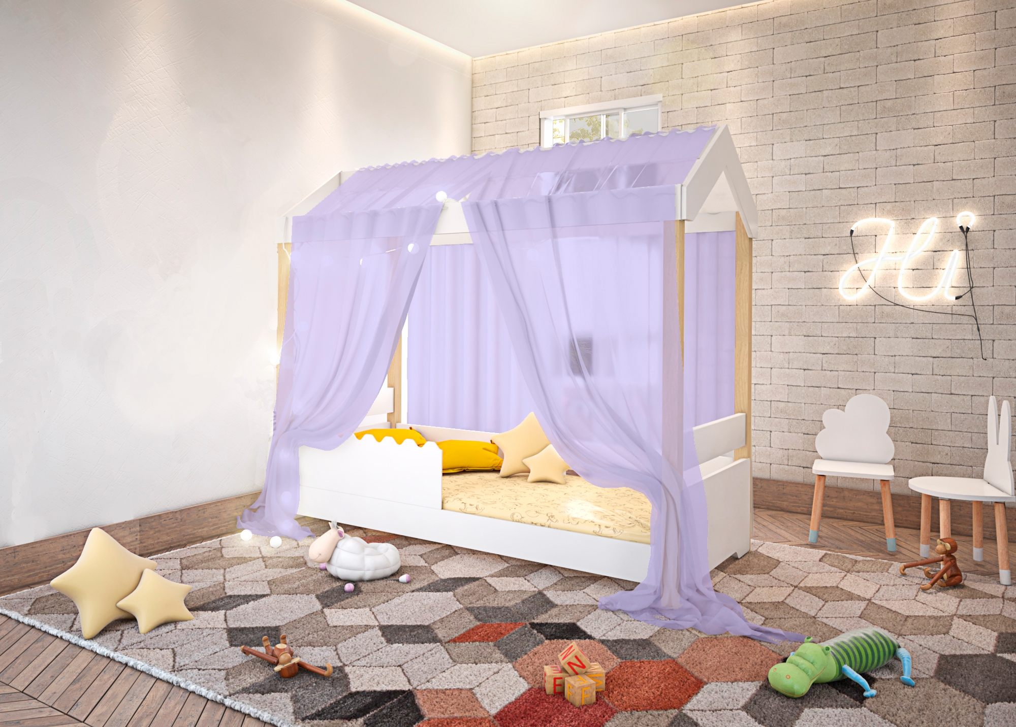 Cama Jéssica Solteiro Branco Voal Lilás com Colchão e LED