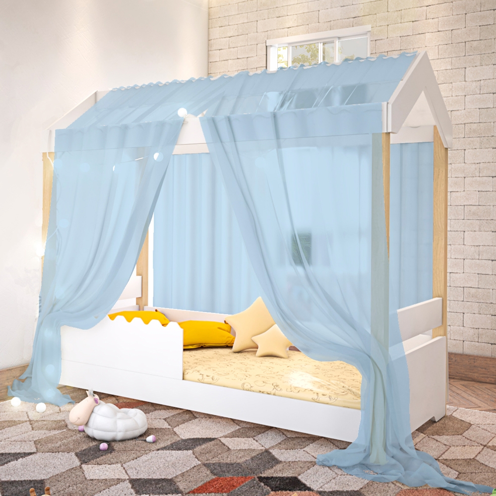 Cama Jéssica Solteiro Branco com Voal Azul e LED
