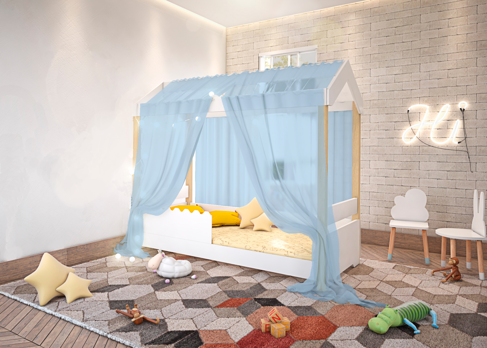 Cama Jéssica Solteiro Branco com Voal Azul e LED