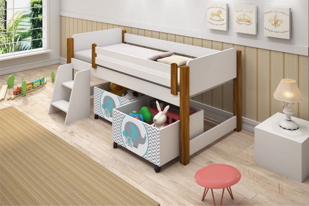 Cama Juvenil Paty Branco com Mel com Baú Adesivado Filhote Azul