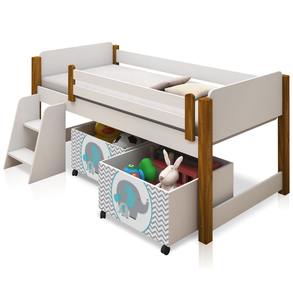 Cama Juvenil Paty Branco com Mel com Baú Adesivado Filhote Azul