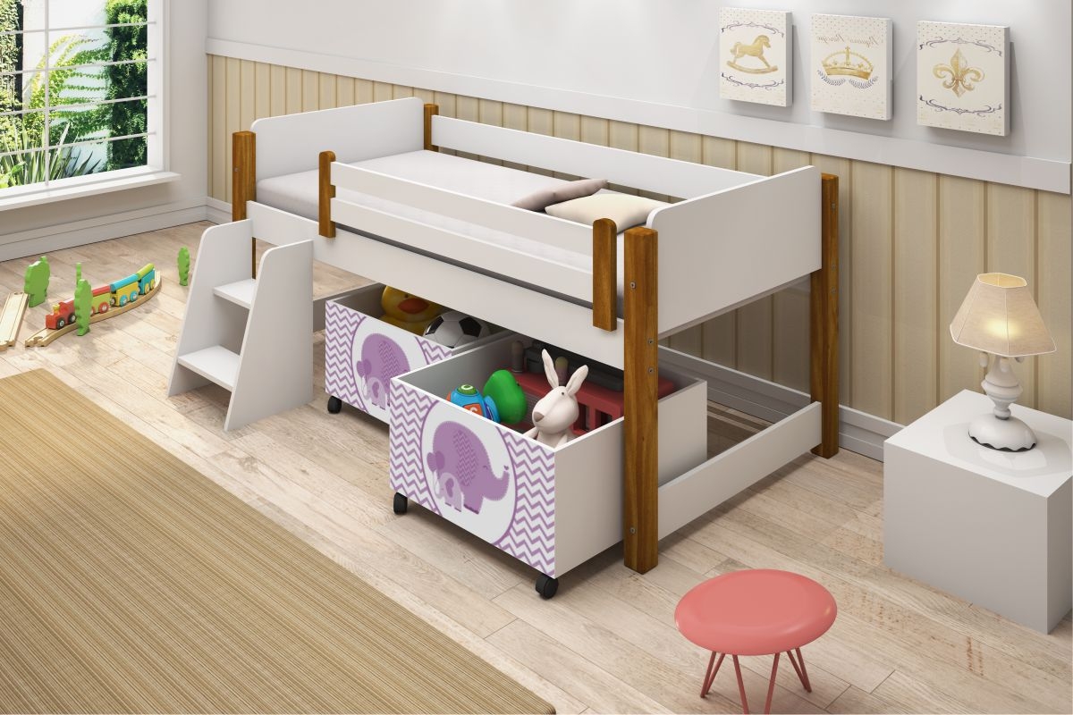 Cama Juvenil Paty Branco com Mel com Baú Adesivado Filhote Lilas