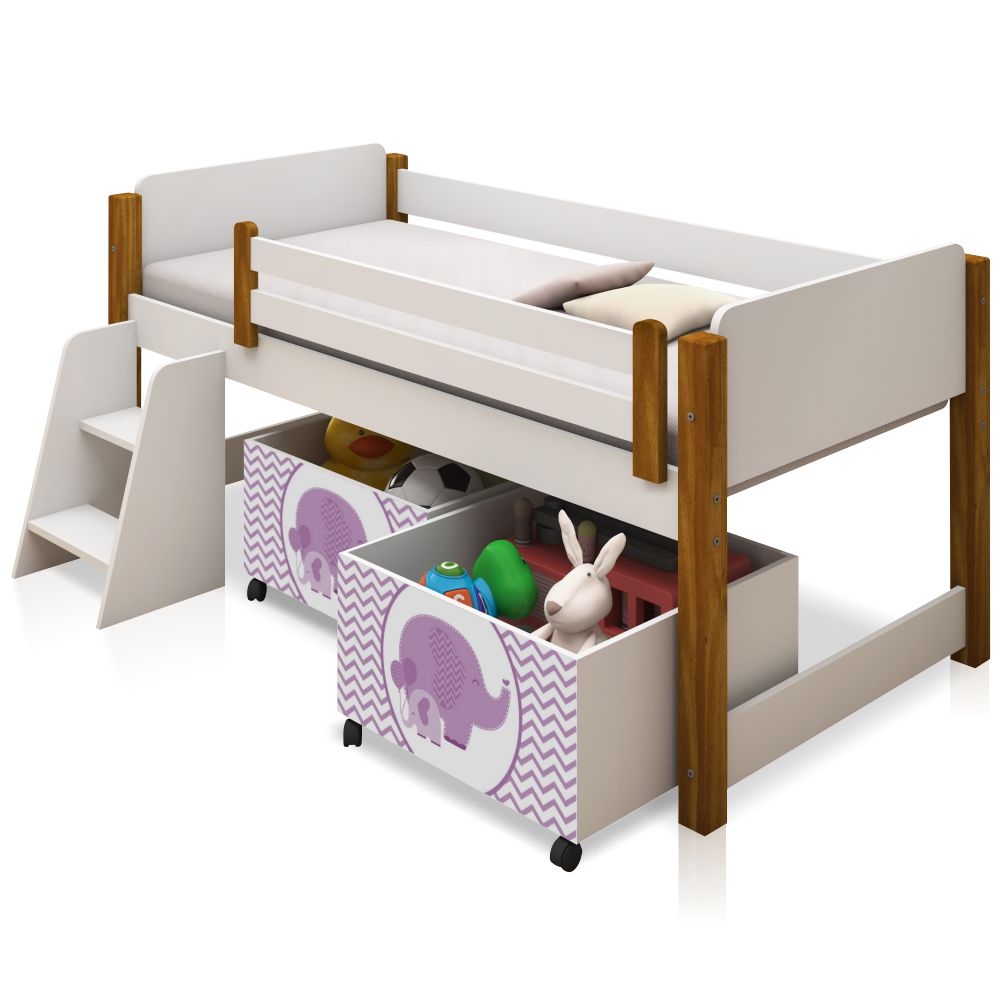 Cama Juvenil Paty Branco com Mel com Baú Adesivado Filhote Lilas