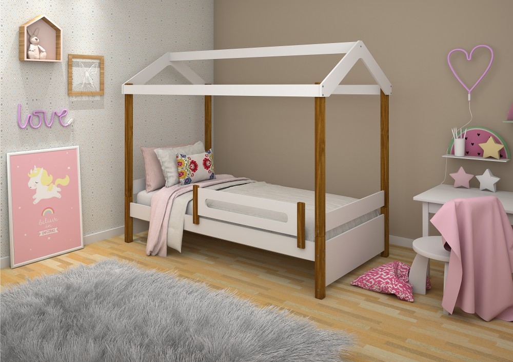 Cama Montessoriana Isa Solteiro Branco e Mel com Colchão