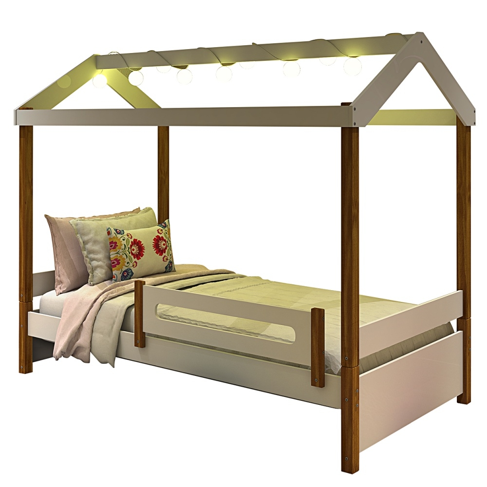 Cama Montessoriana LED Isa Branco e Mel com Colchão