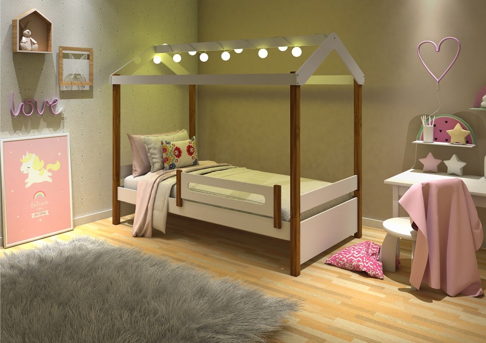 Cama Montessoriana LED Isa Branco e Mel com Colchão