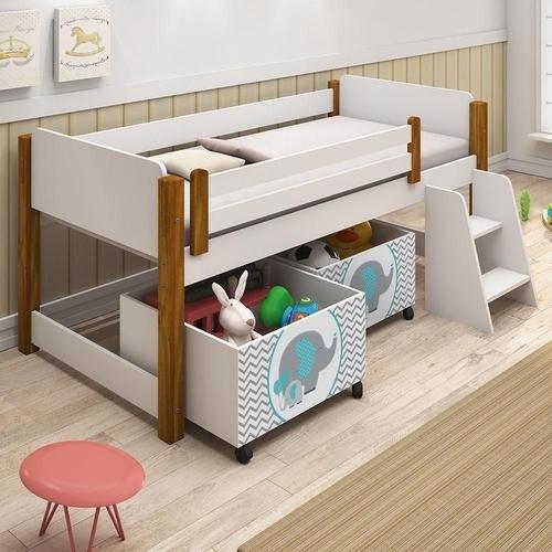 Cama Naty Branco/Mel Com 2 Nichos Adesivadas Filhote Verde  E Escadinha