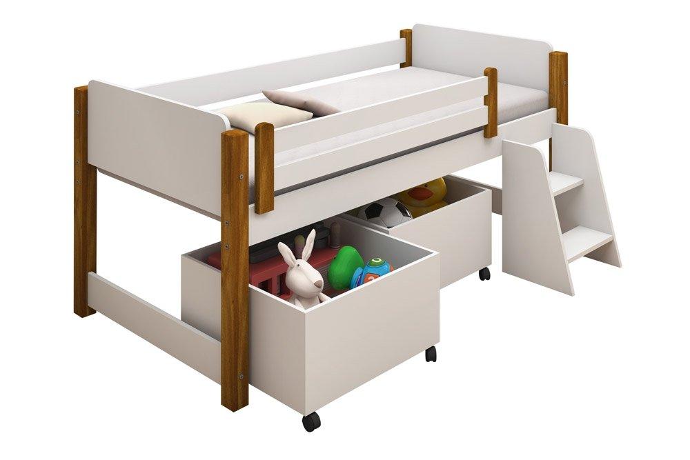 Cama Naty Branco/Mel com 2 nichos e escadinha - Divaloto