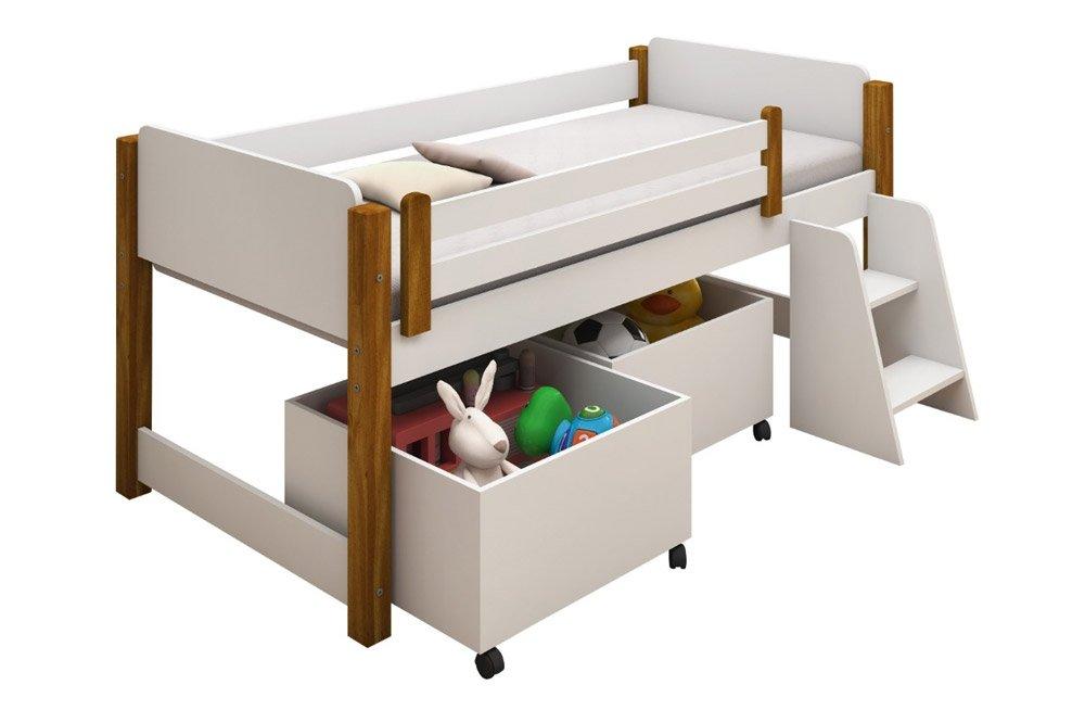 Cama Naty Branco/Mel com 2 nichos e escadinha - Divaloto