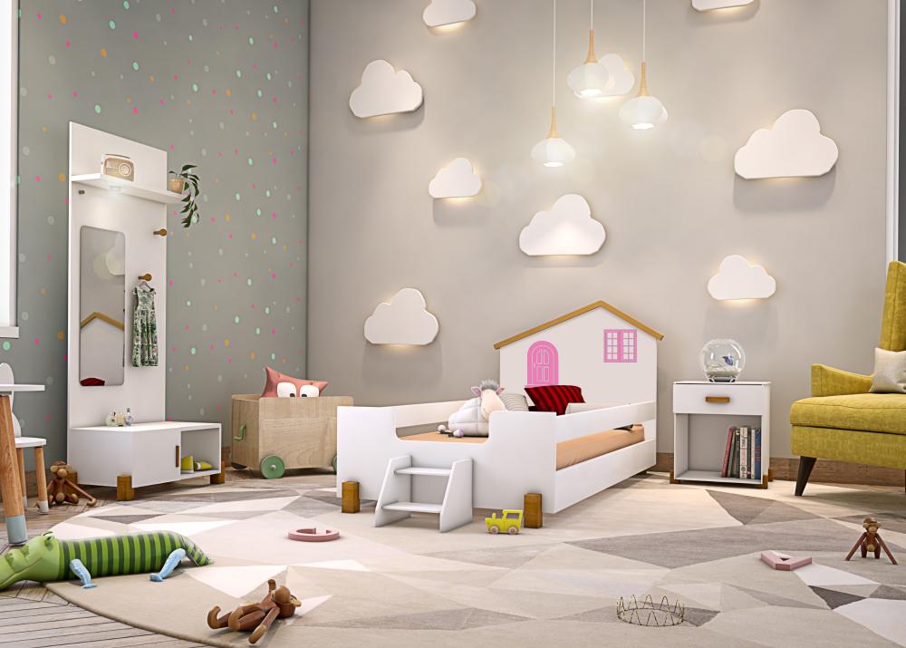 Cama Solteiro Belíssima Branca E Rosa Com 2 Luminárias Divaloto