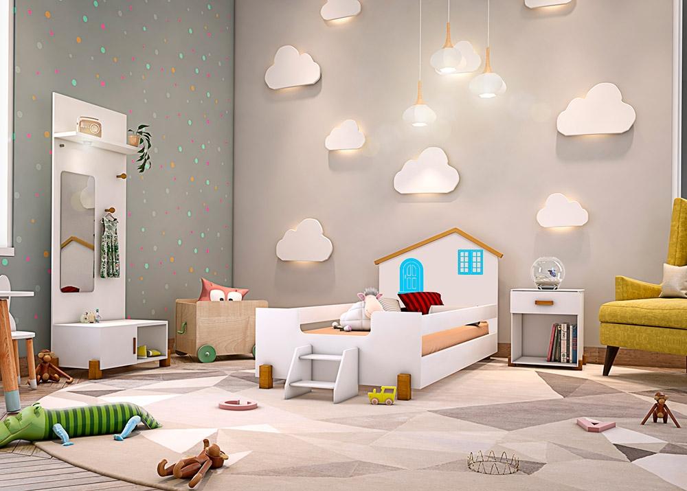 Cama Solteiro Belíssima Branca e Azul com 2 Luminárias Divaloto