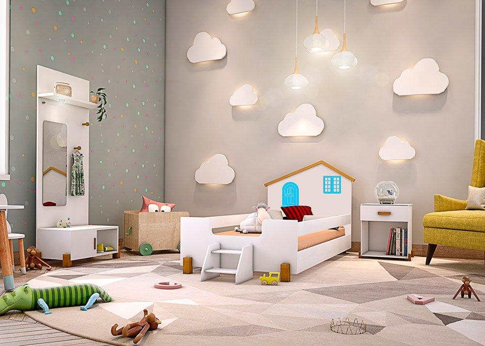 Cama Solteiro Casinha Belíssima Branca e Azul com 2 Luminárias e Colchão Divaloto