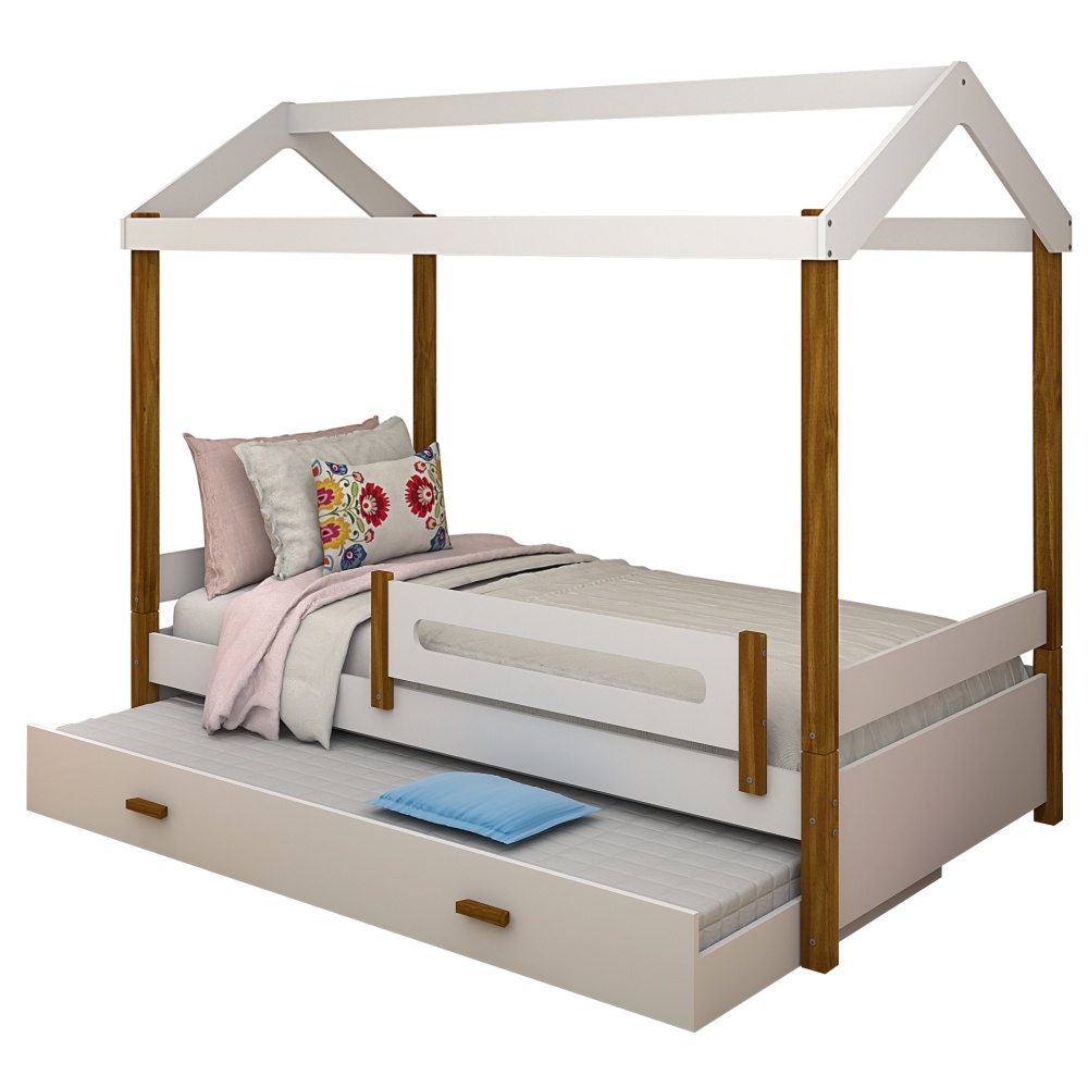 Cama com Auxiliar Cabana Solteiro Branco e Mel com Colchão