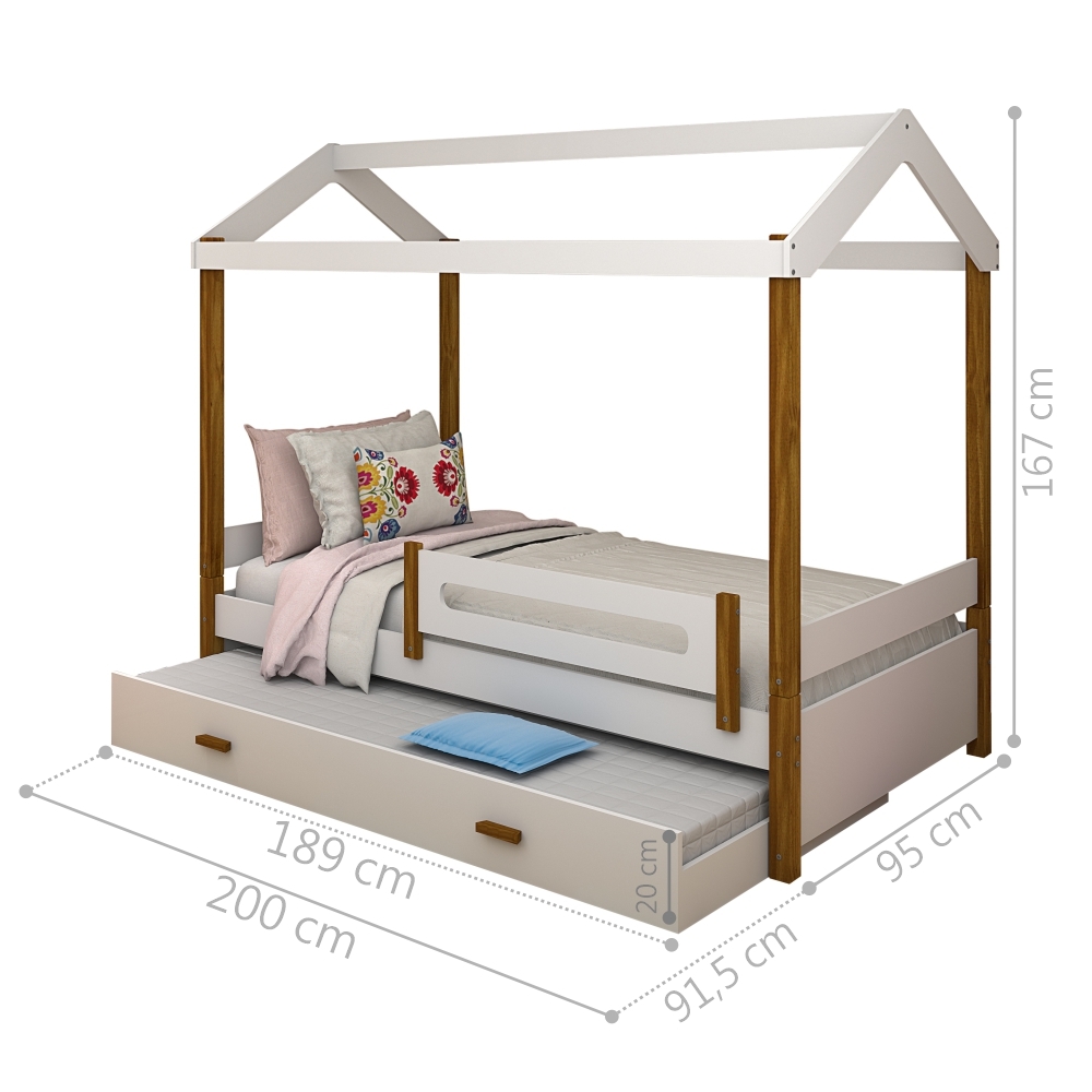 Cama com Auxiliar Cabana Solteiro Branco e Mel com Colchão