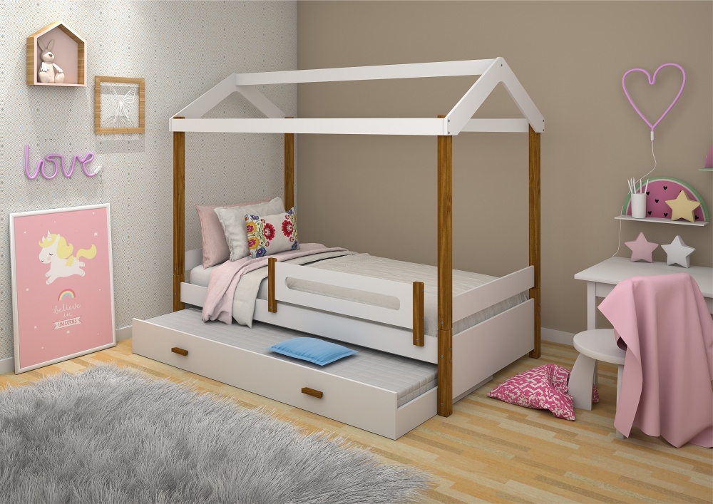 Cama com Auxiliar Cabana Solteiro Branco e Mel com Colchão
