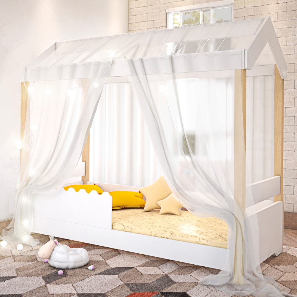 Cama de Solteiro Poppy Branco Voal Branco com Colchão e LED