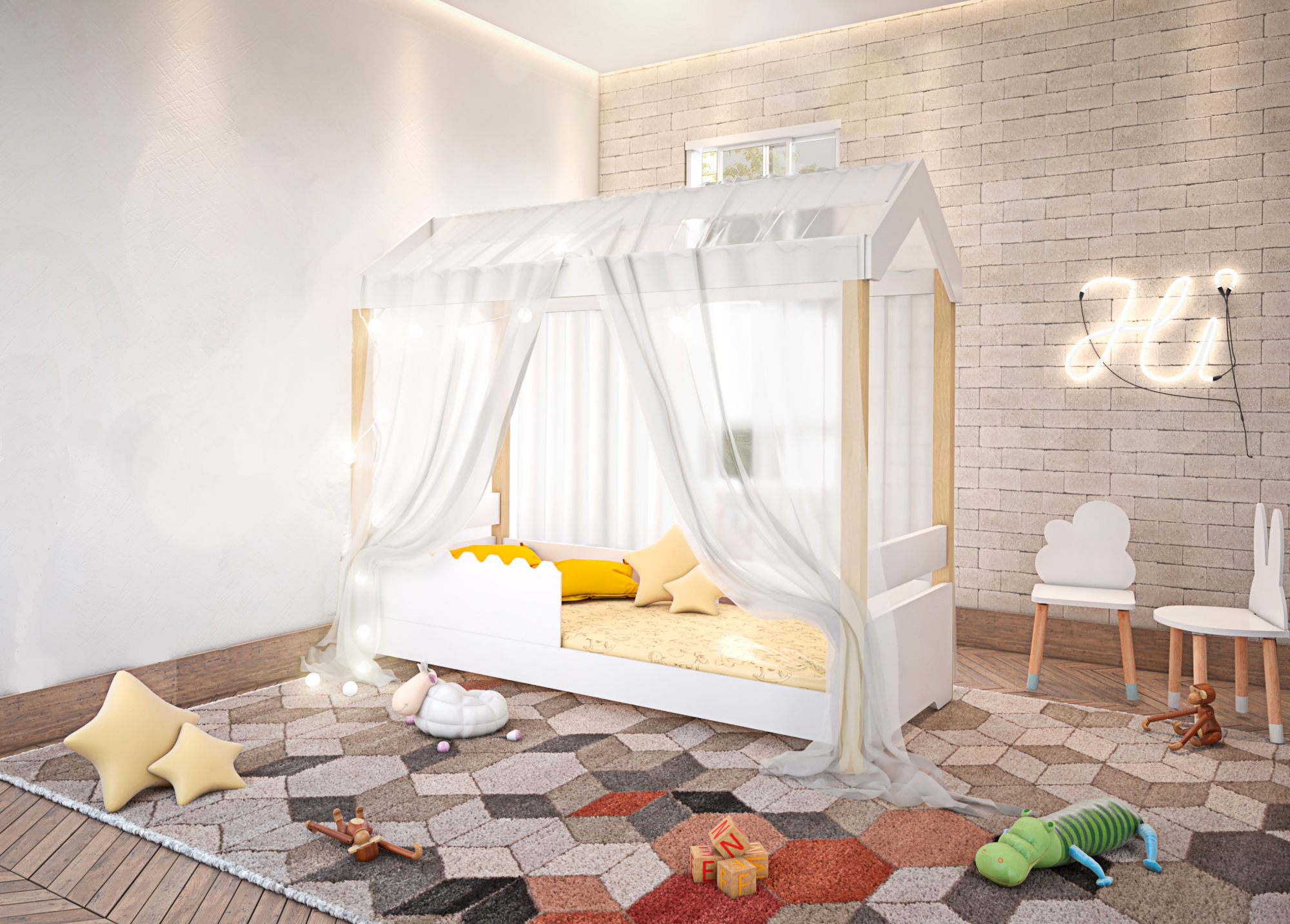 Cama de Solteiro Poppy Branco Voal Branco com Colchão e LED