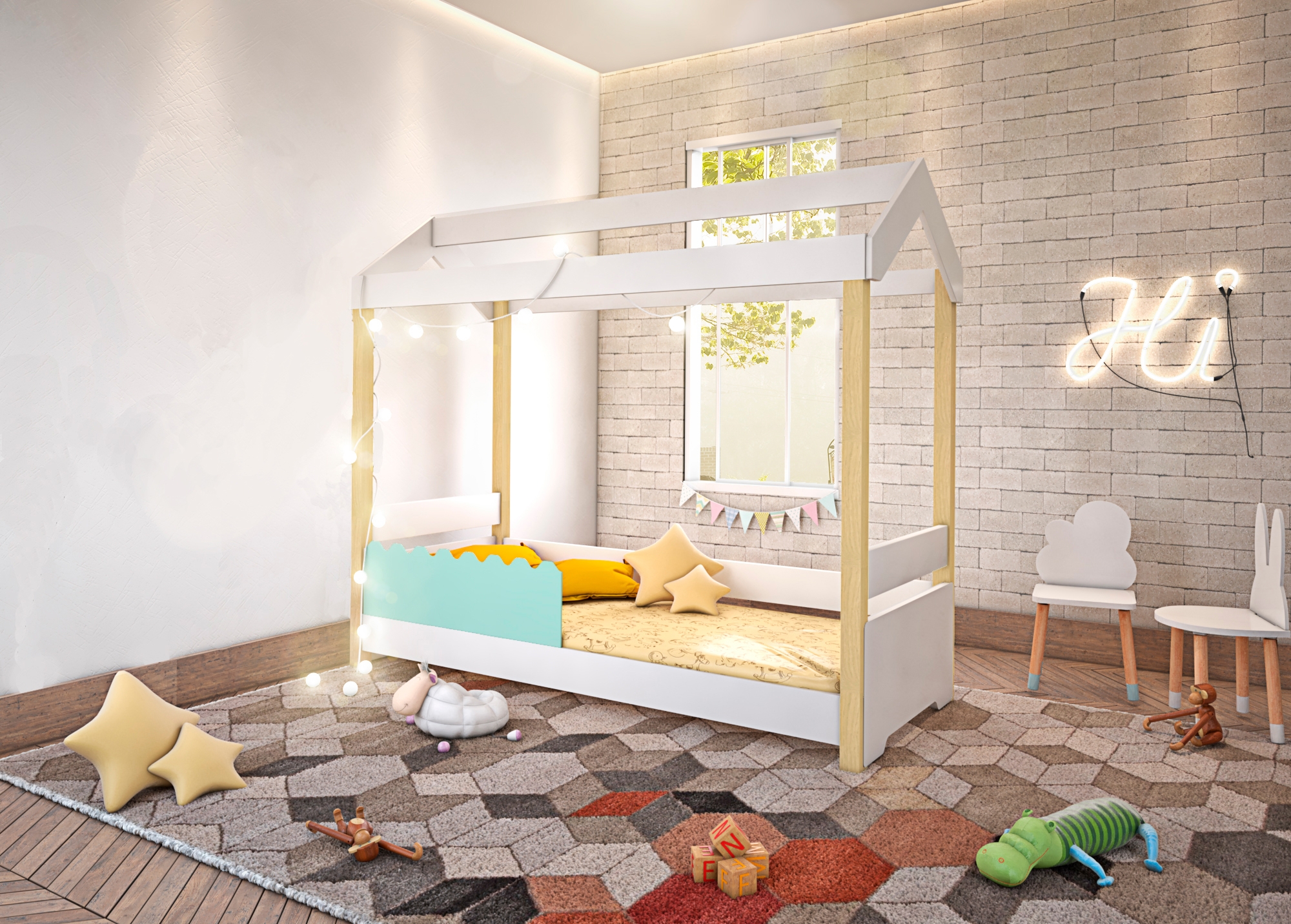 Cama de Solteiro Poppy Branco/Menta com Colchão e LED