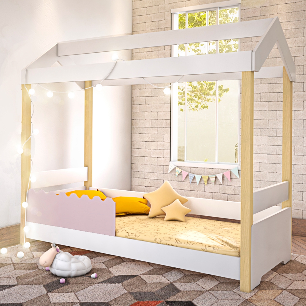 Cama de Solteiro Poppy Branco/Rosê com LED e Colchão