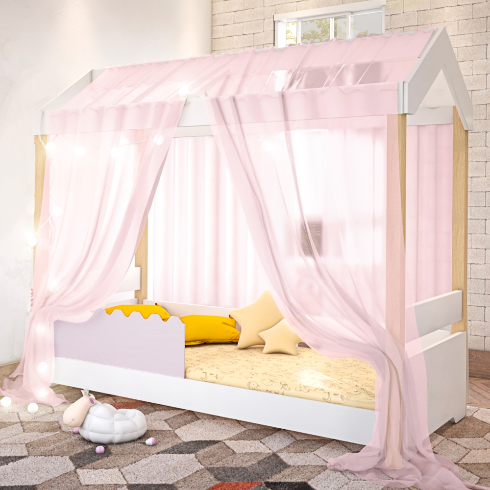 Cama de Solteiro Poppy Branco/Rosê com Voal Rosa e LED