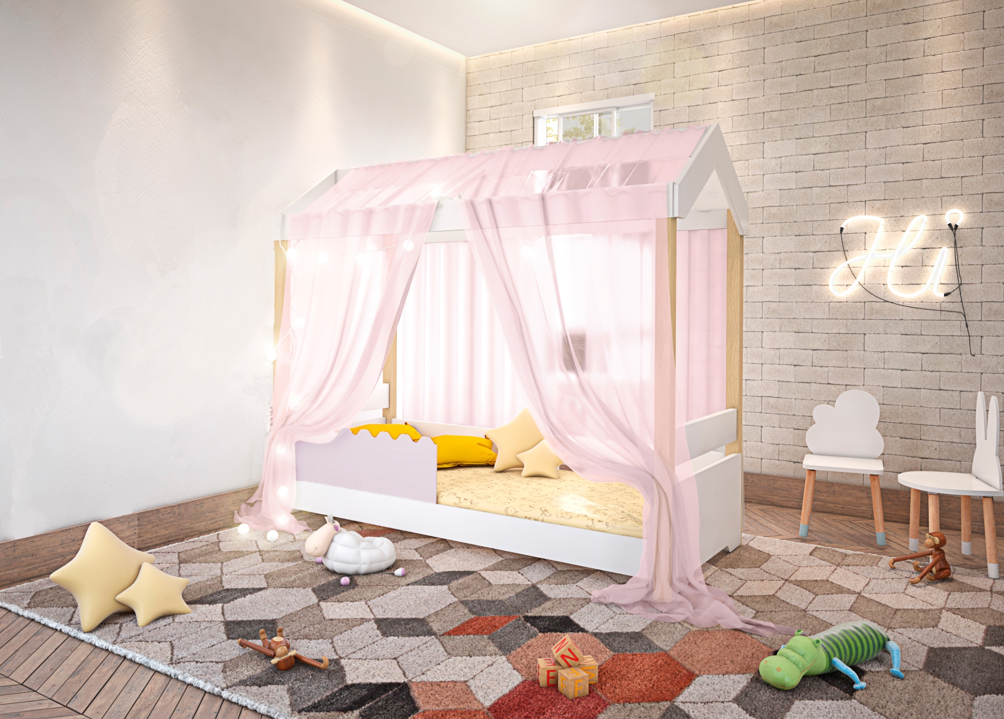 Cama de Solteiro Poppy Branco/Rosê com Voal Rosa e LED
