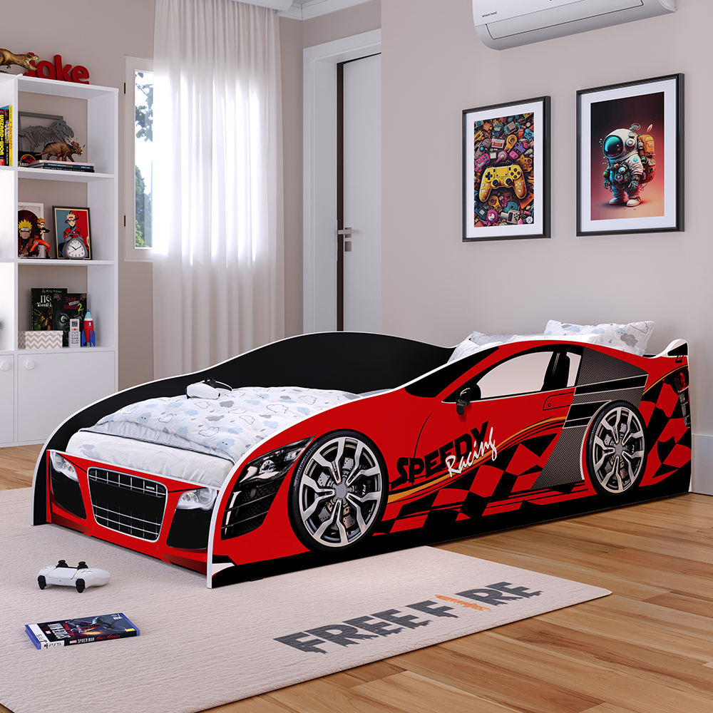 Mini Cama Infantil Carro Corrida Speedy MDF Montessoriana Proteção Lateral Decoração Kids Tema Quarto Menino - Vermelho/Preto – RPM
