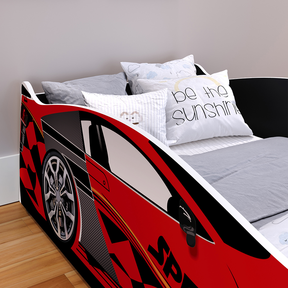 Mini Cama Infantil Carro Corrida Speedy MDF Montessoriana Proteção Lateral Decoração Kids Tema Quarto Menino - Vermelho/Preto – RPM