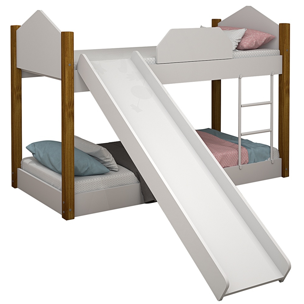 Mini Beliche Clean Branco e Mel com Colchões e Escorrega