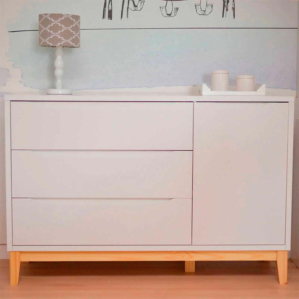 Cômoda Infantil Amor Perfeito 1 PT 3 GV Branca e Pinus