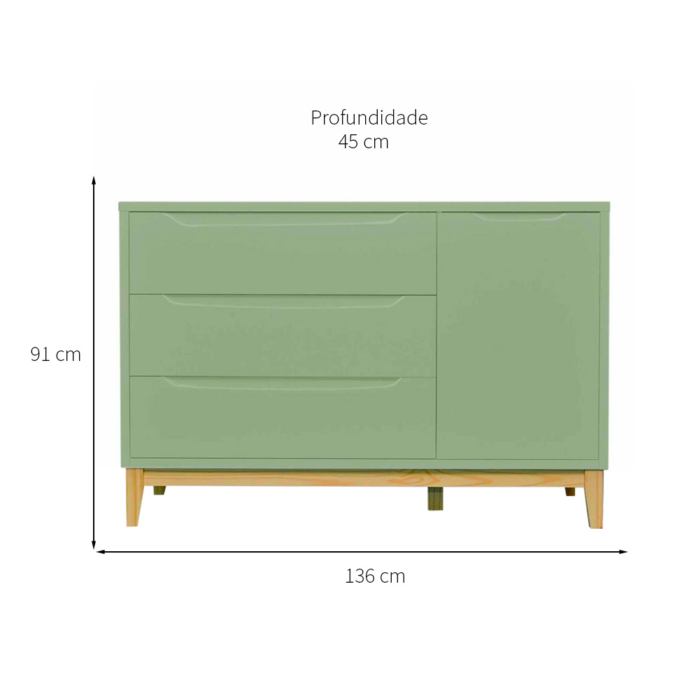 Cômoda Infantil Amor Perfeito 1 PT 3 GV Verde e Pinus