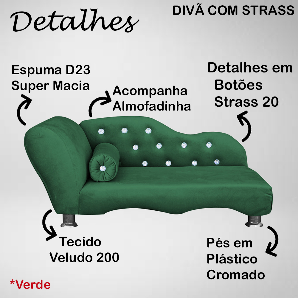 Cama Caminha Divã  Pet Veludo Strass Verde Dvinn