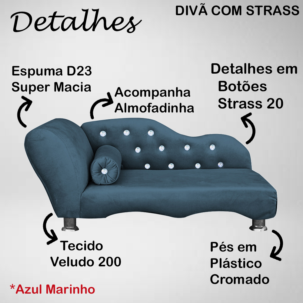Cama Caminha Divã Pet Veludo Strass Azul Marinho Dvinn