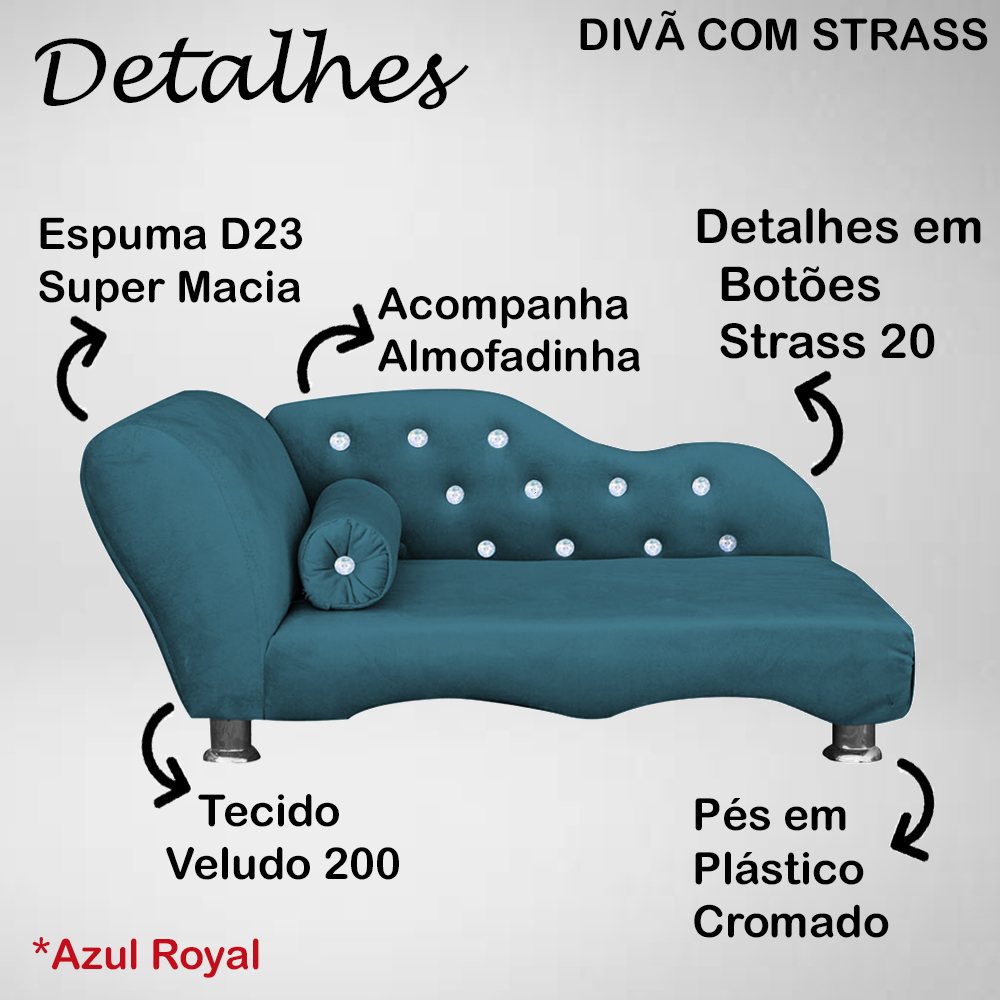 Cama Caminha Divã Pet Veludo Strass Azul Royal Dvinn