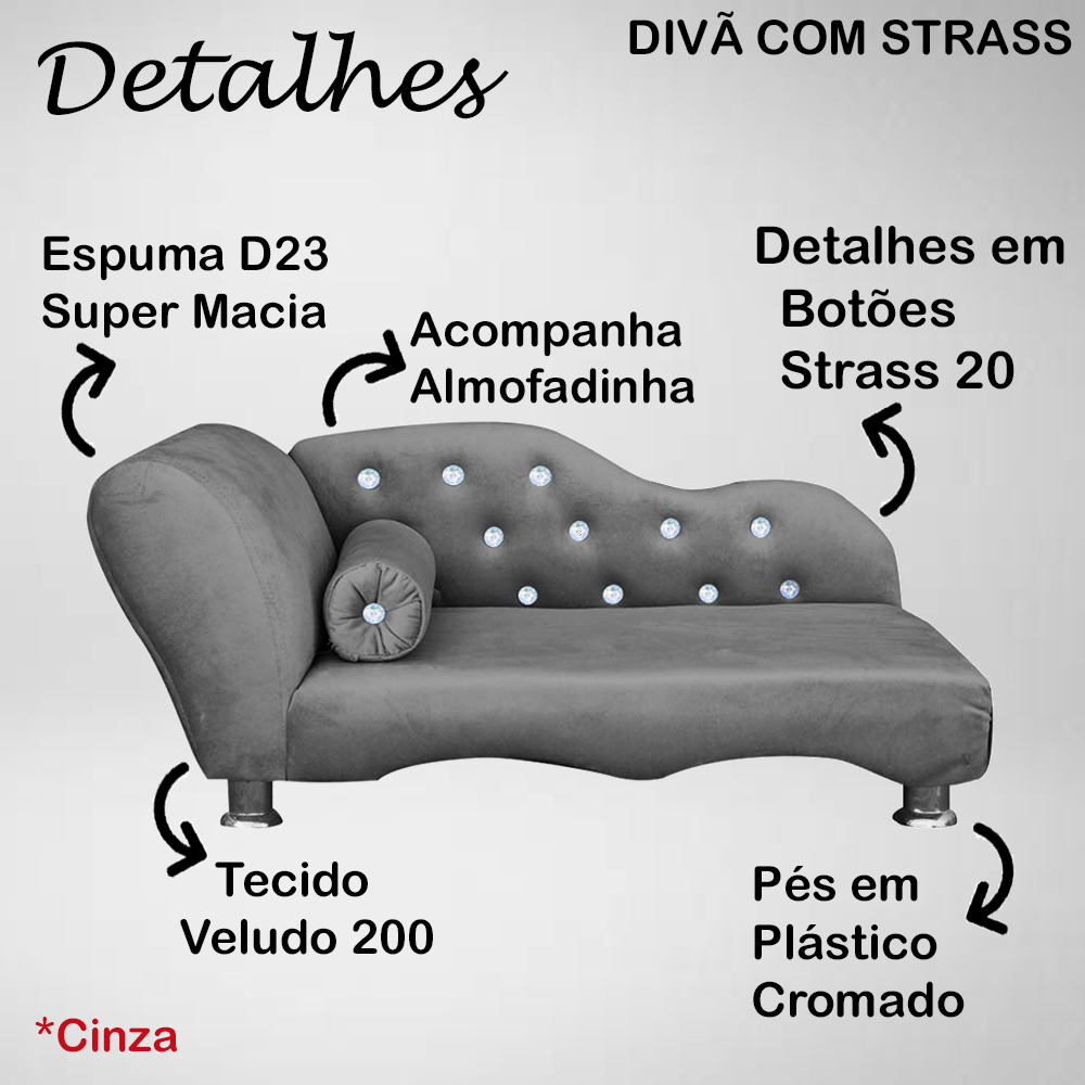 Cama Caminha Divã Pet Veludo Strass Cinza Dvinn